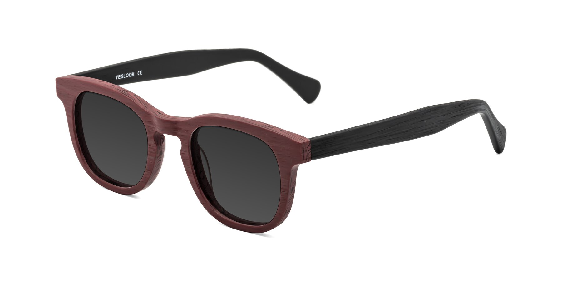 Angle of Tonia in Burgundy-Black Woodgrain with Gray Tinted Lenses