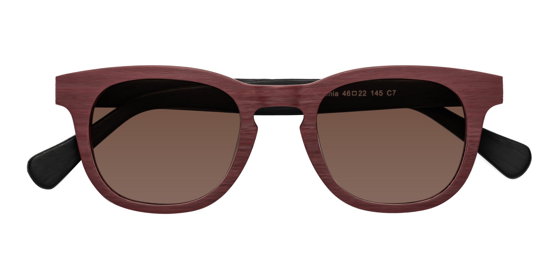 Folded Front of Tonia in Burgundy-Black Woodgrain with Brown Tinted Lenses