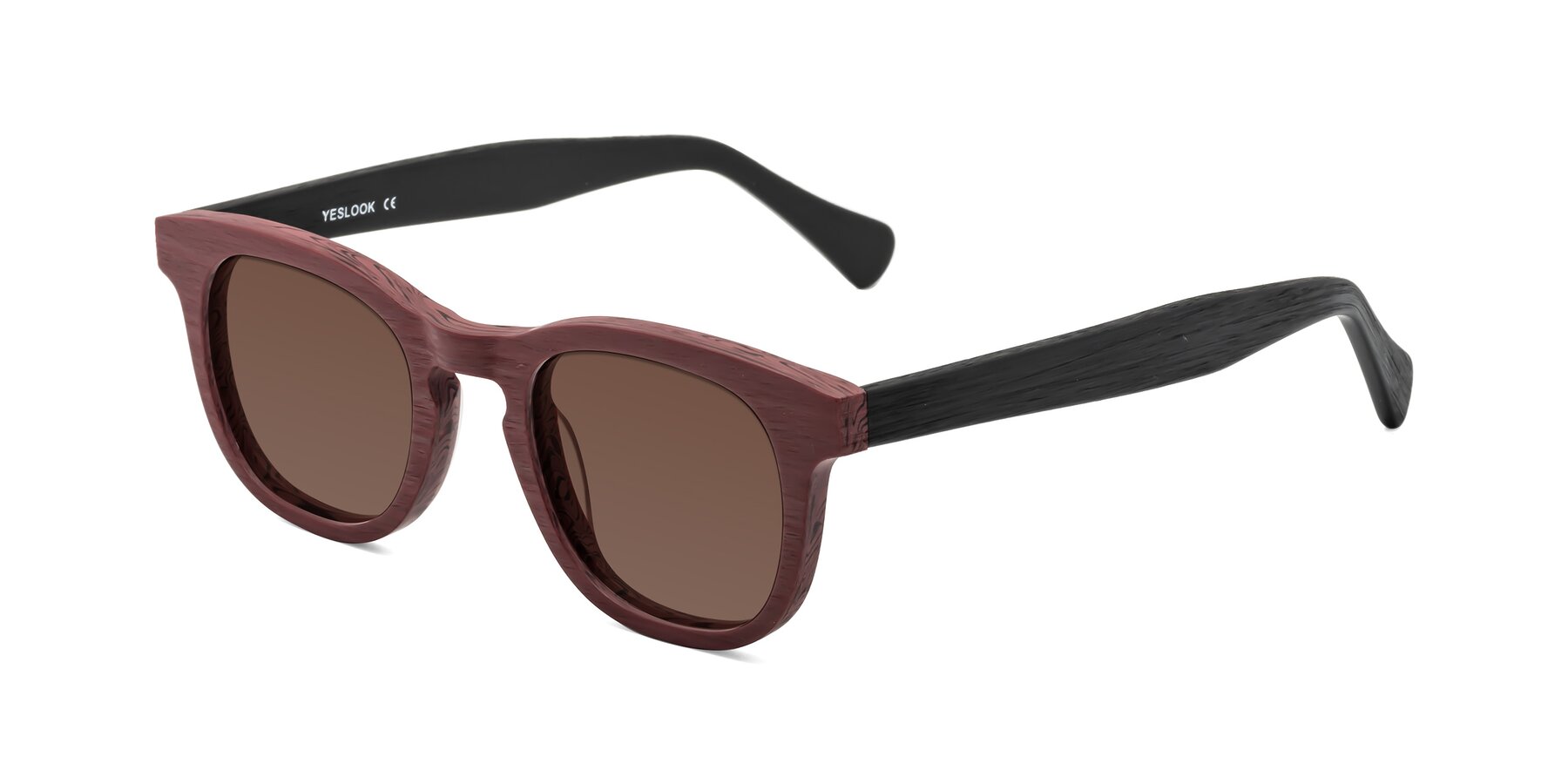 Angle of Tonia in Burgundy-Black Woodgrain with Brown Tinted Lenses