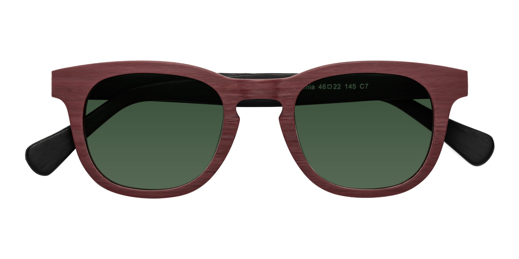 Folded Front of Tonia in Burgundy-Black Woodgrain with Green Tinted Lenses