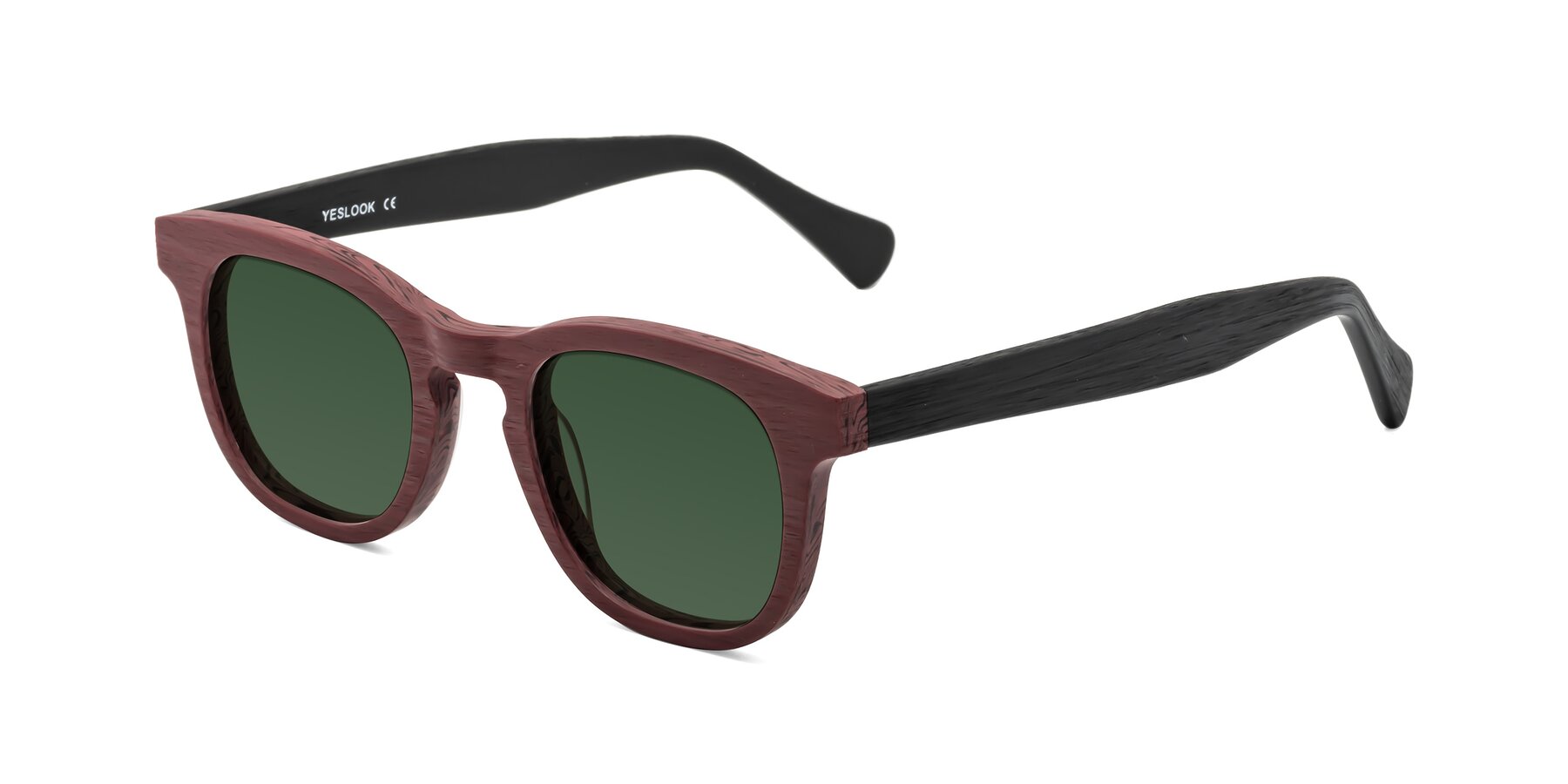 Angle of Tonia in Burgundy-Black Woodgrain with Green Tinted Lenses