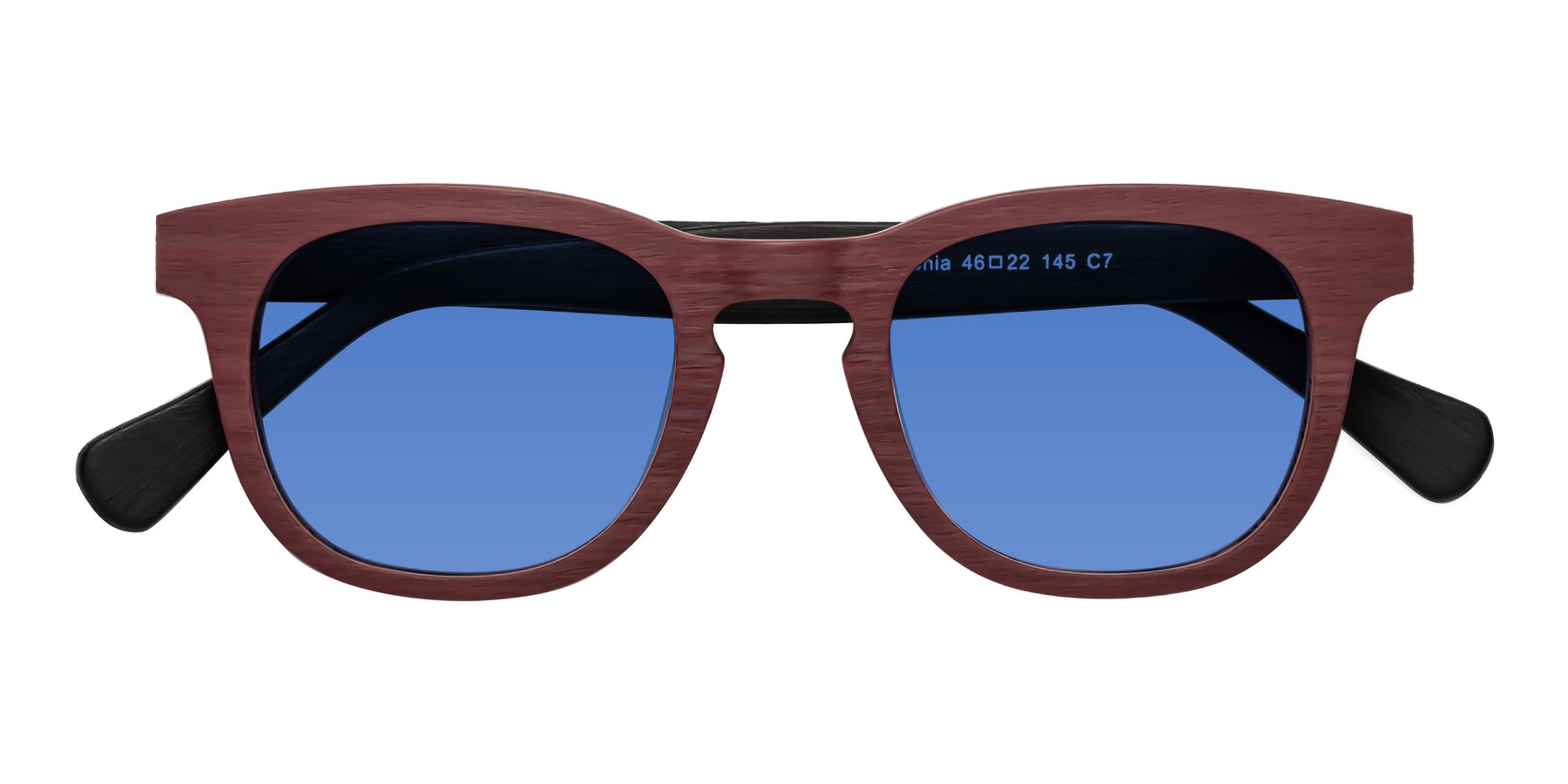 Folded Front of Tonia in Burgundy-Black Woodgrain with Blue Tinted Lenses