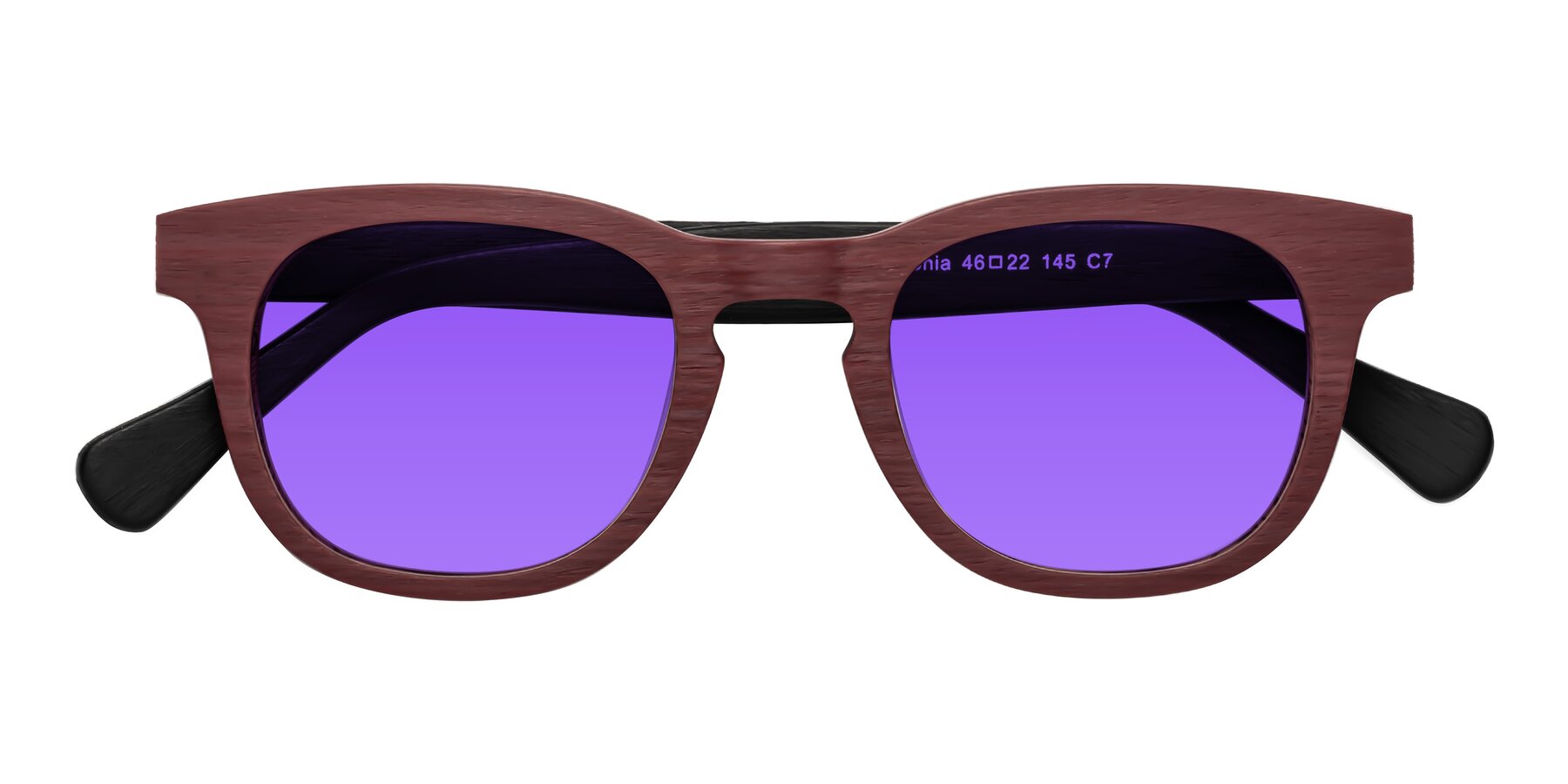 Folded Front of Tonia in Burgundy-Black Woodgrain with Purple Tinted Lenses