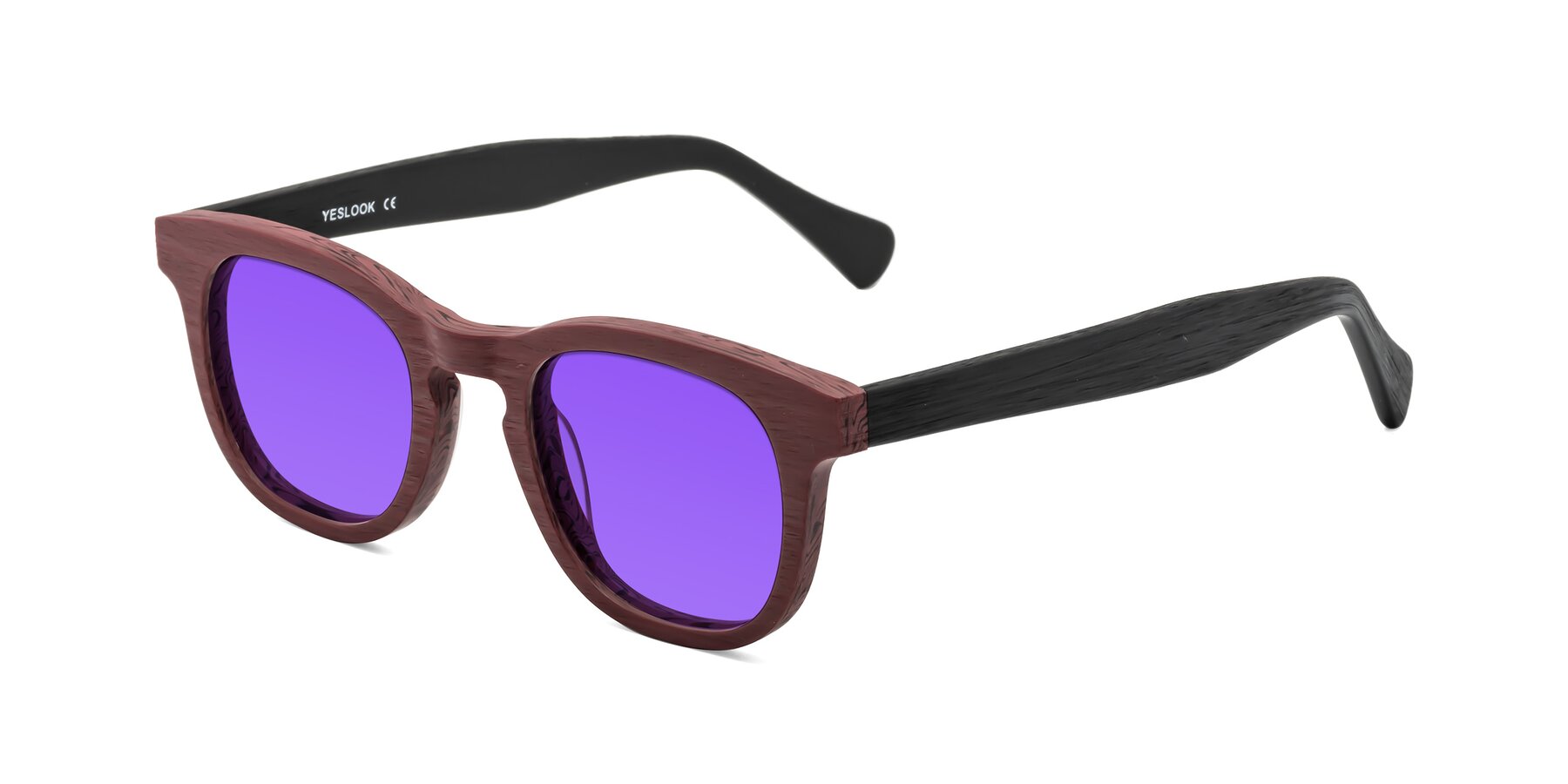 Angle of Tonia in Burgundy-Black Woodgrain with Purple Tinted Lenses