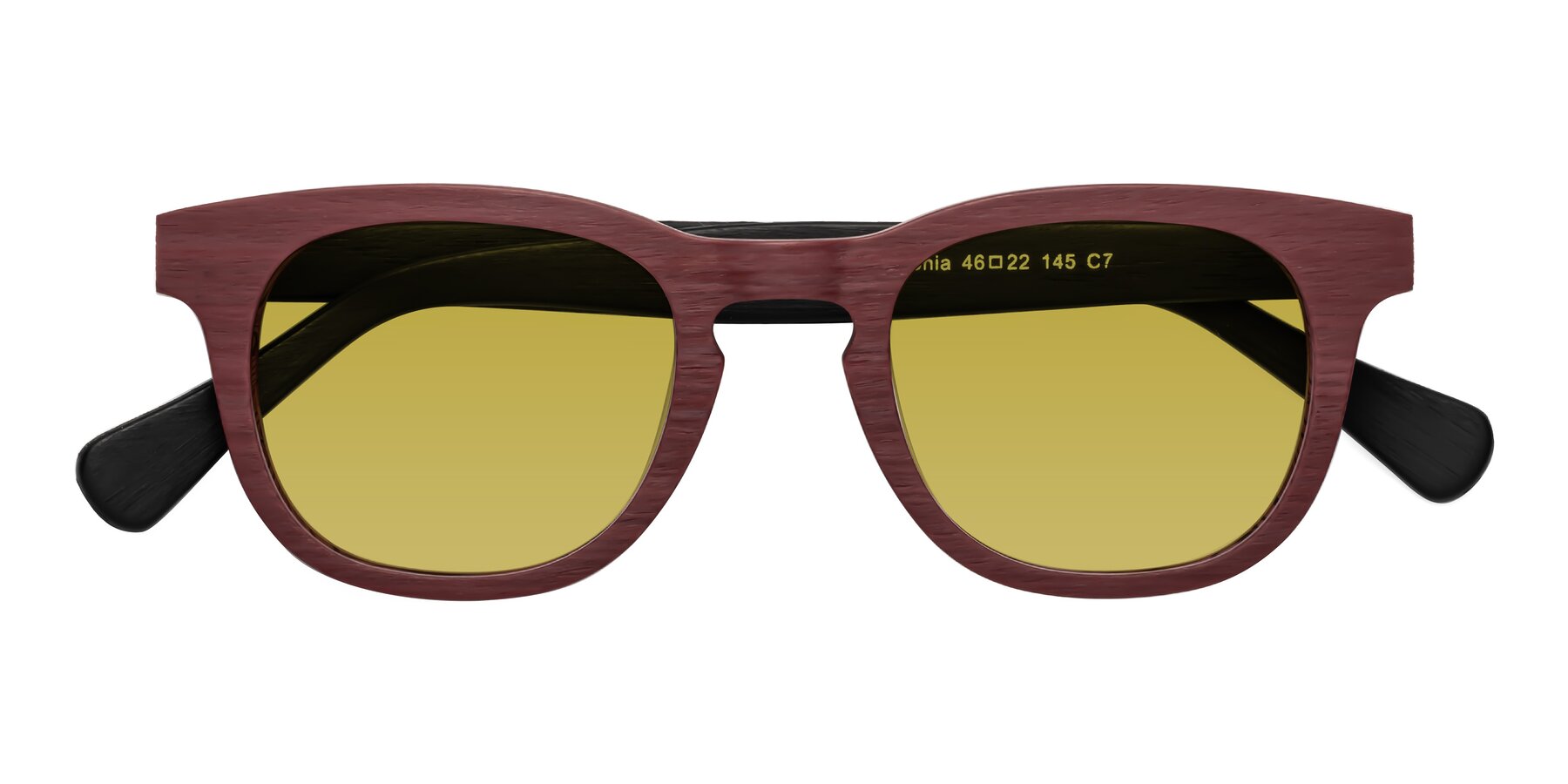 Folded Front of Tonia in Burgundy-Black Woodgrain with Champagne Tinted Lenses