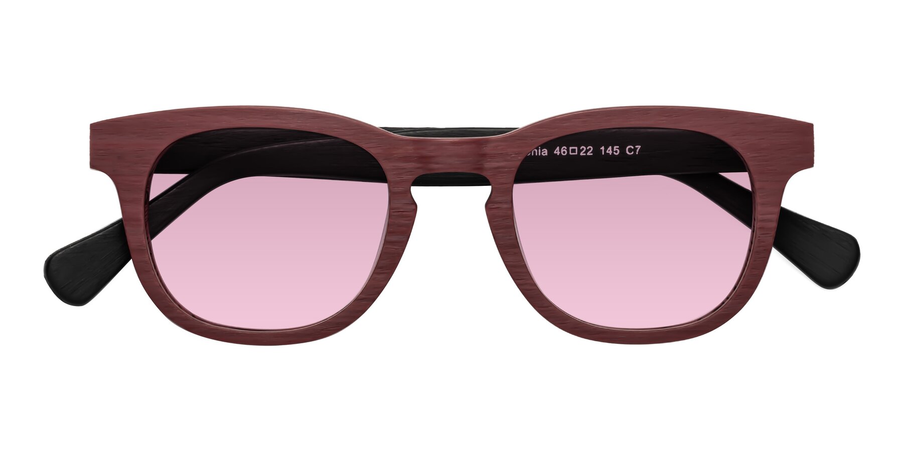 Folded Front of Tonia in Burgundy-Black Woodgrain with Light Wine Tinted Lenses