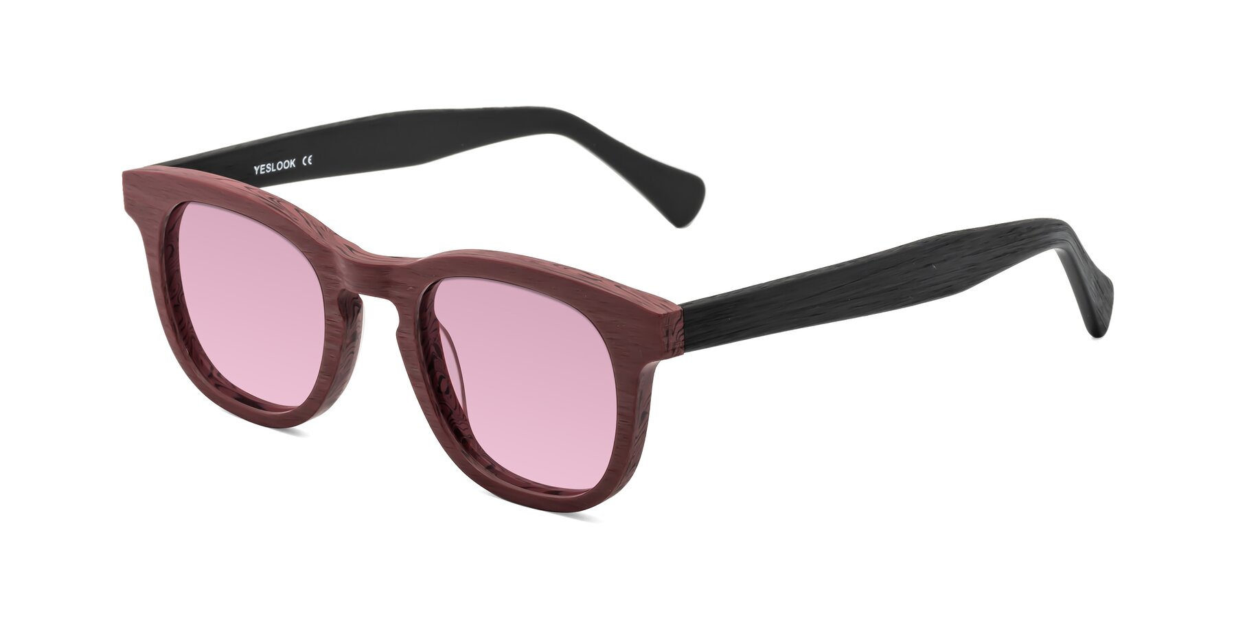 Angle of Tonia in Burgundy-Black Woodgrain with Light Wine Tinted Lenses