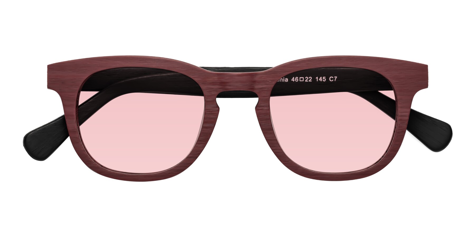 Folded Front of Tonia in Burgundy-Black Woodgrain with Light Garnet Tinted Lenses