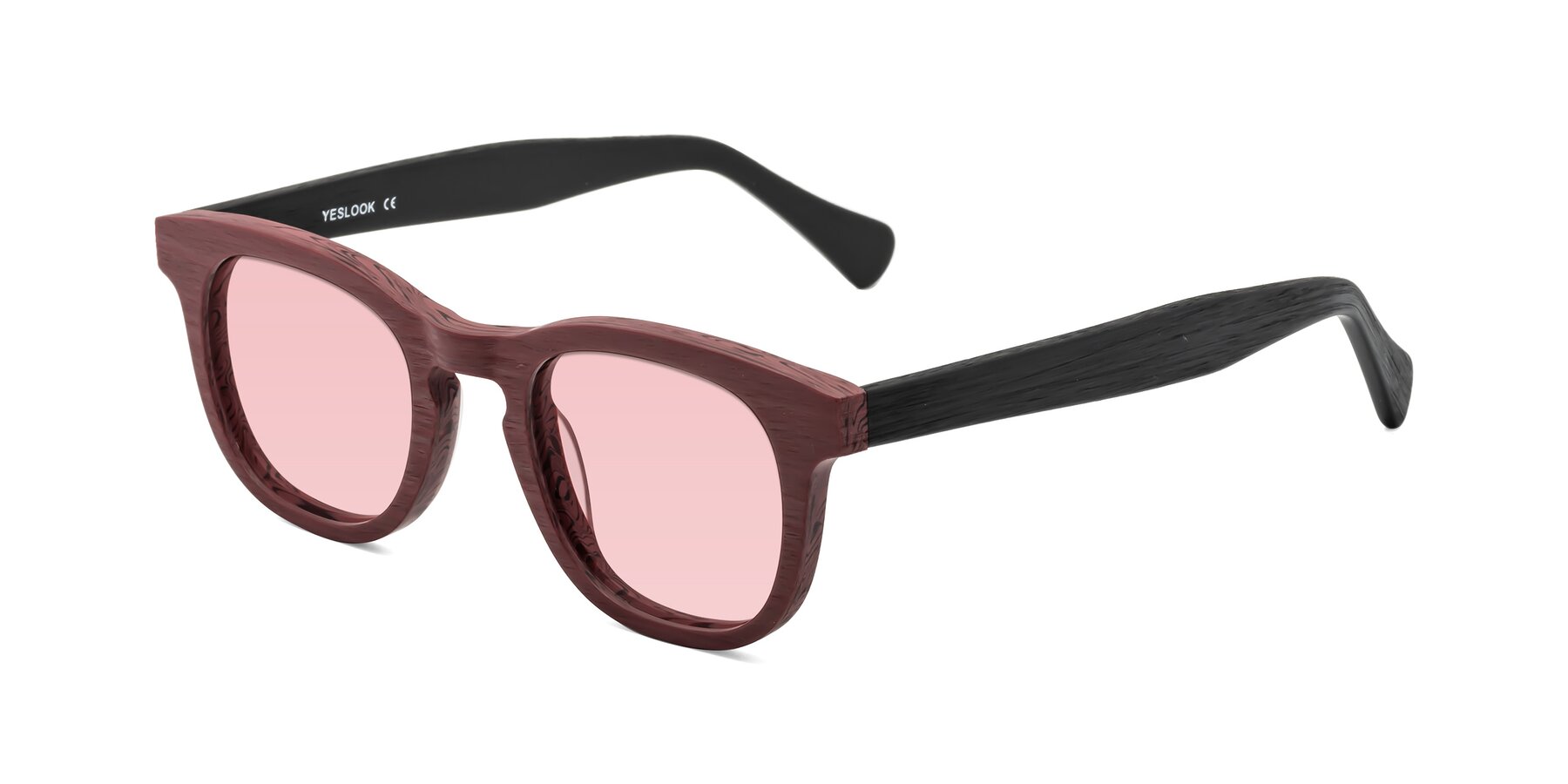 Angle of Tonia in Burgundy-Black Woodgrain with Light Garnet Tinted Lenses