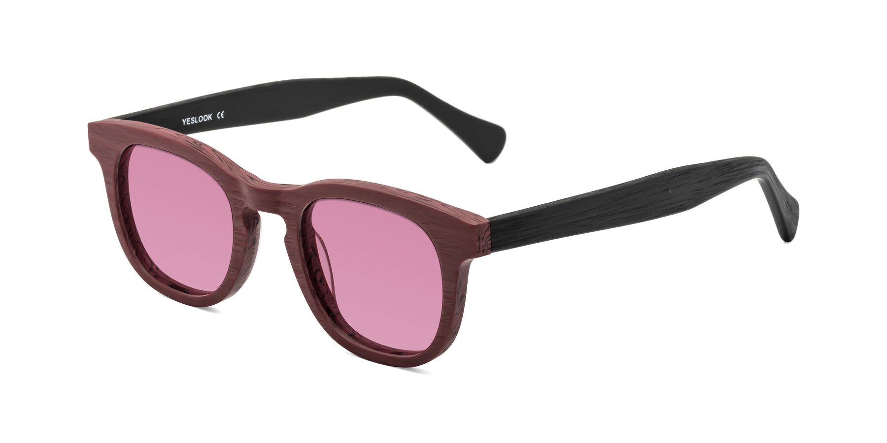 Angle of Tonia in Burgundy-Black Woodgrain with Medium Wine Tinted Lenses