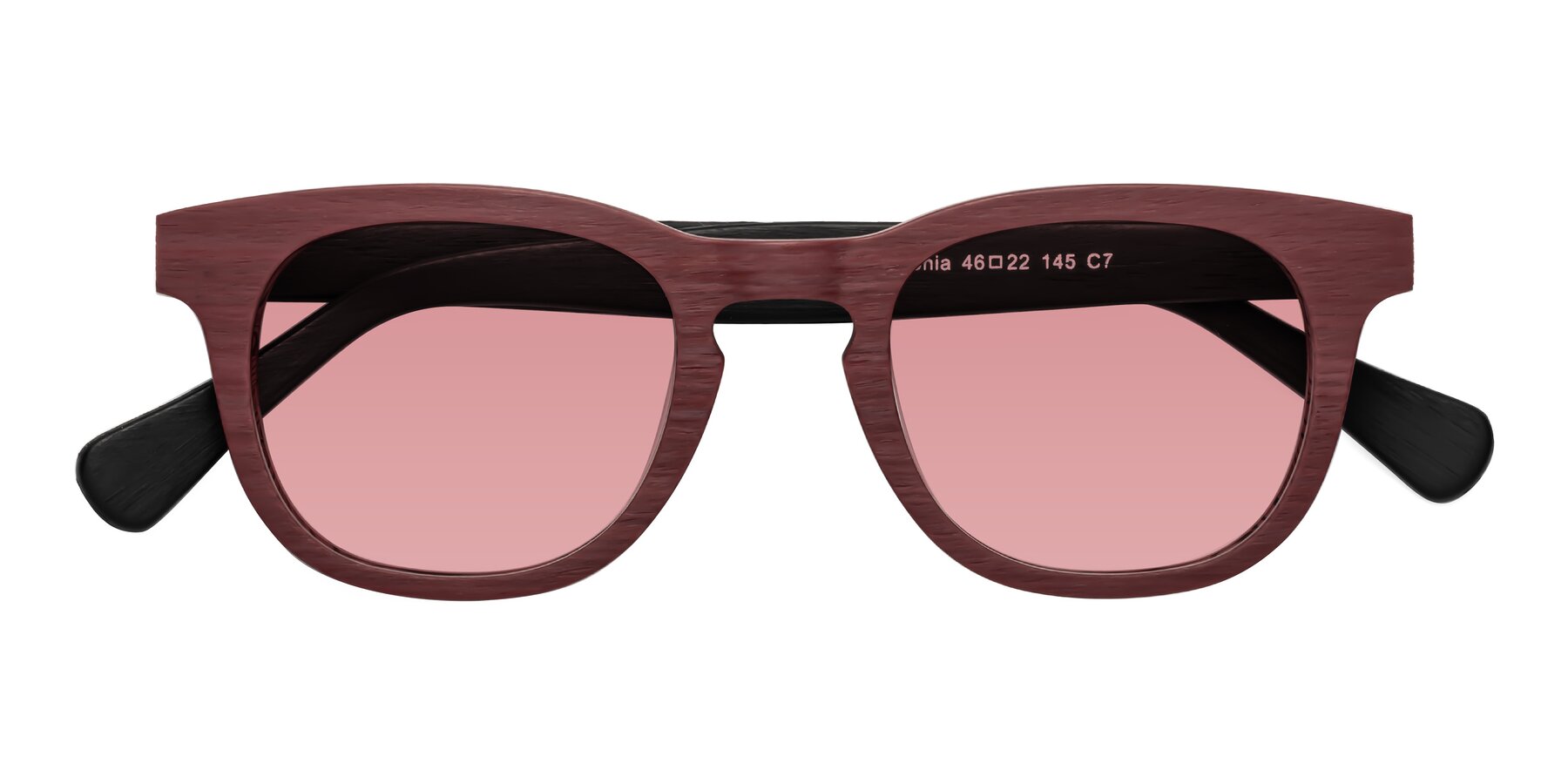 Folded Front of Tonia in Burgundy-Black Woodgrain with Medium Garnet Tinted Lenses