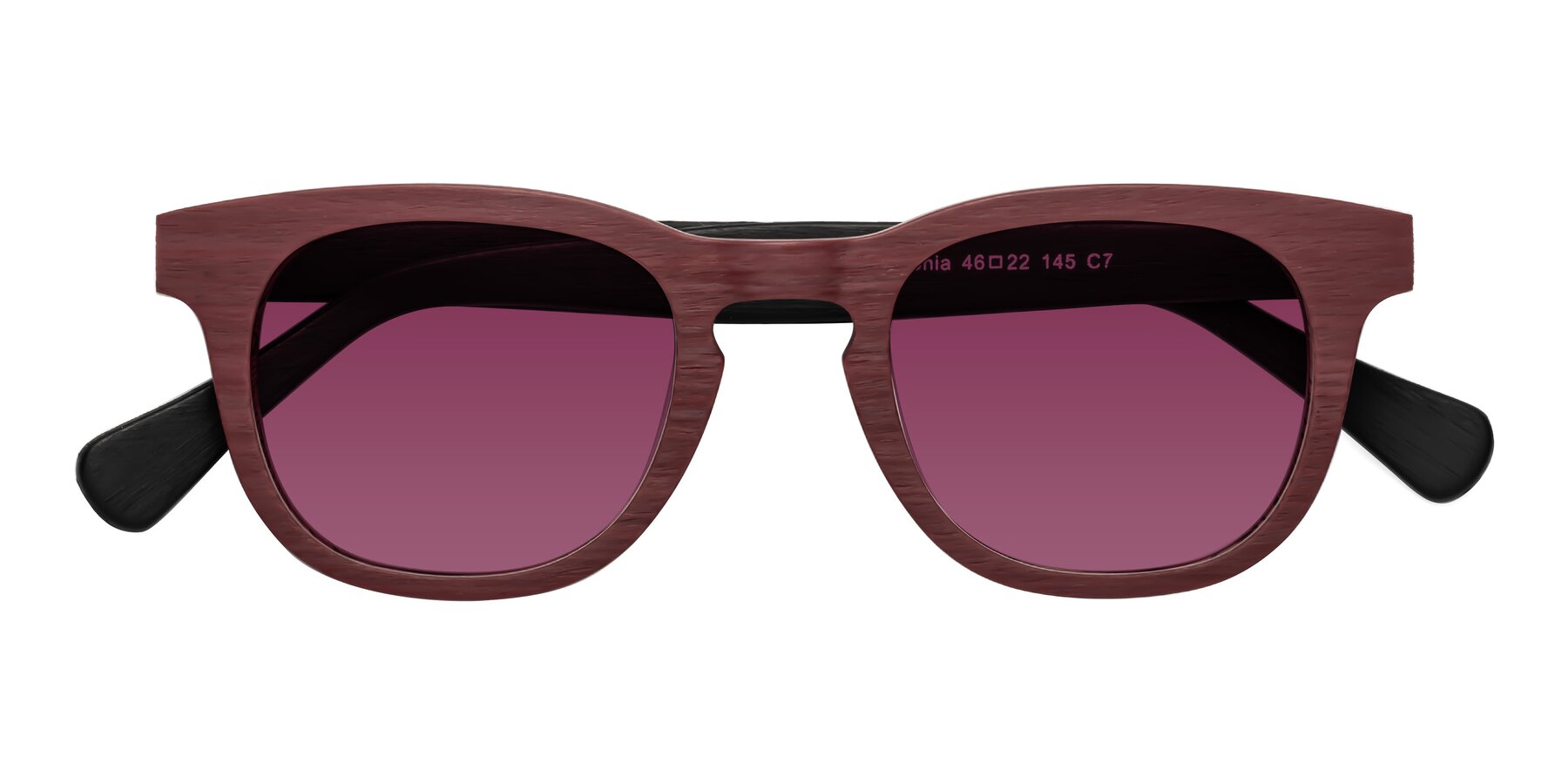 Folded Front of Tonia in Burgundy-Black Woodgrain with Wine Tinted Lenses