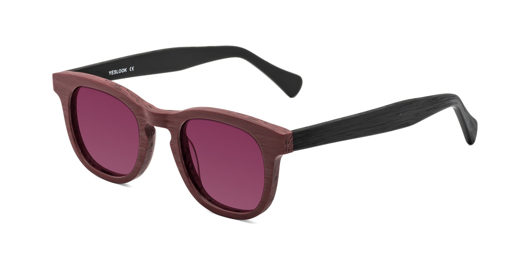 Angle of Tonia in Burgundy-Black Woodgrain with Wine Tinted Lenses