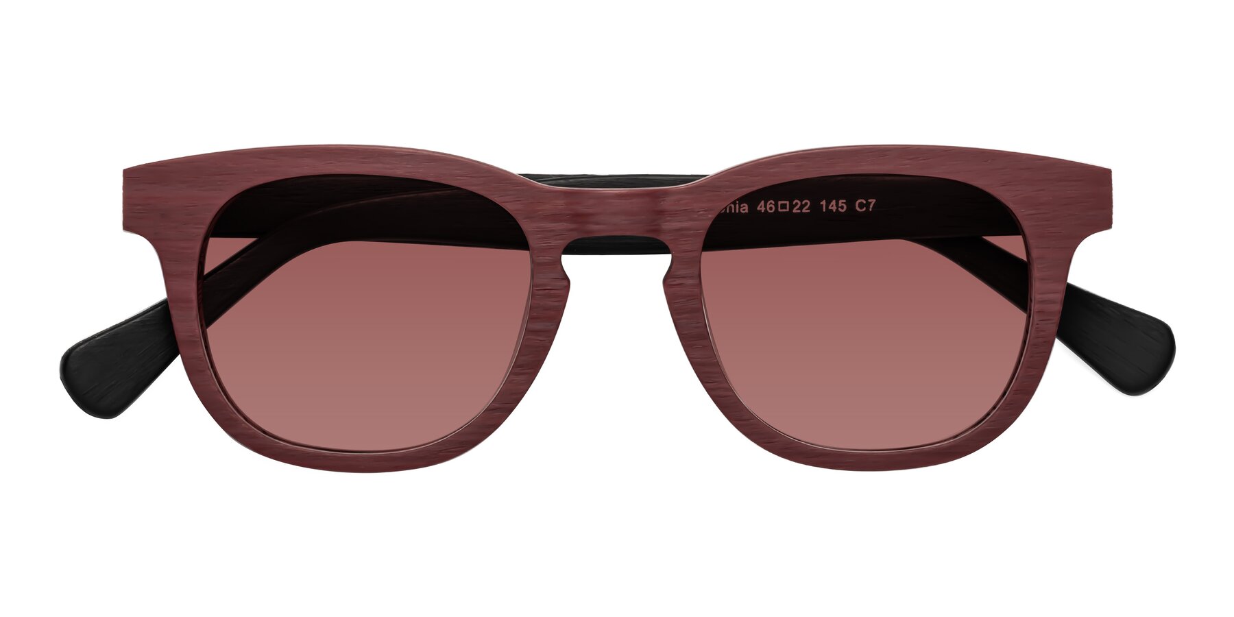 Folded Front of Tonia in Burgundy-Black Woodgrain with Garnet Tinted Lenses