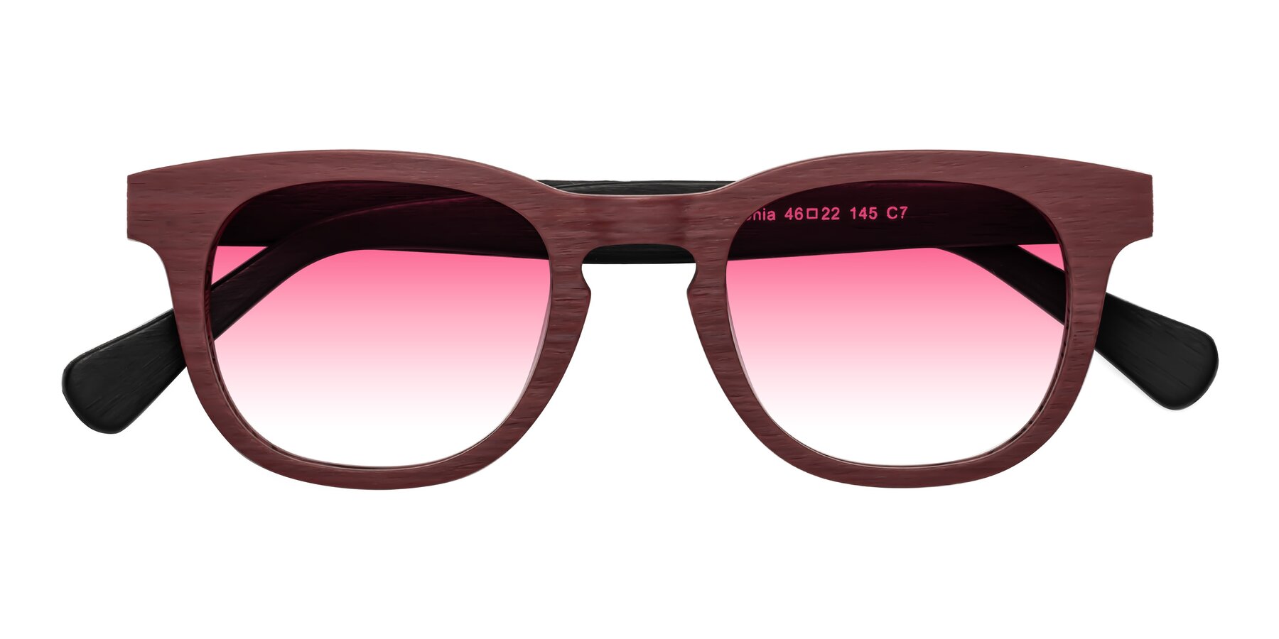 Folded Front of Tonia in Burgundy-Black Woodgrain with Pink Gradient Lenses