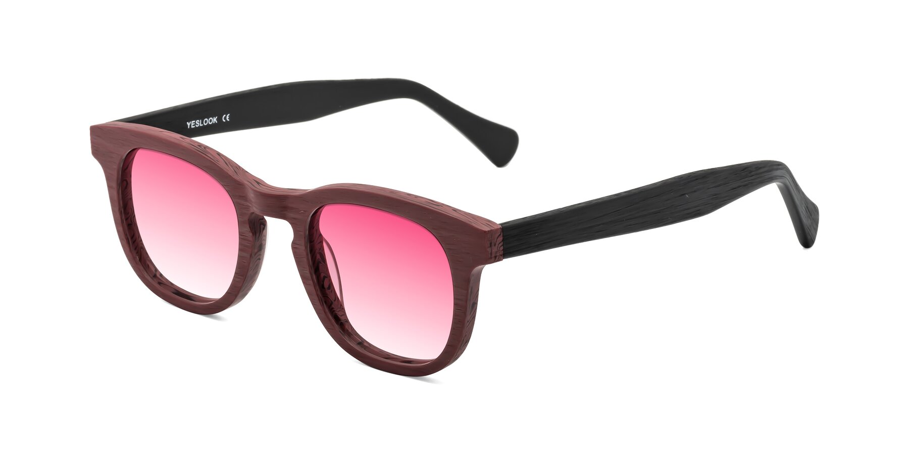 Angle of Tonia in Burgundy-Black Woodgrain with Pink Gradient Lenses