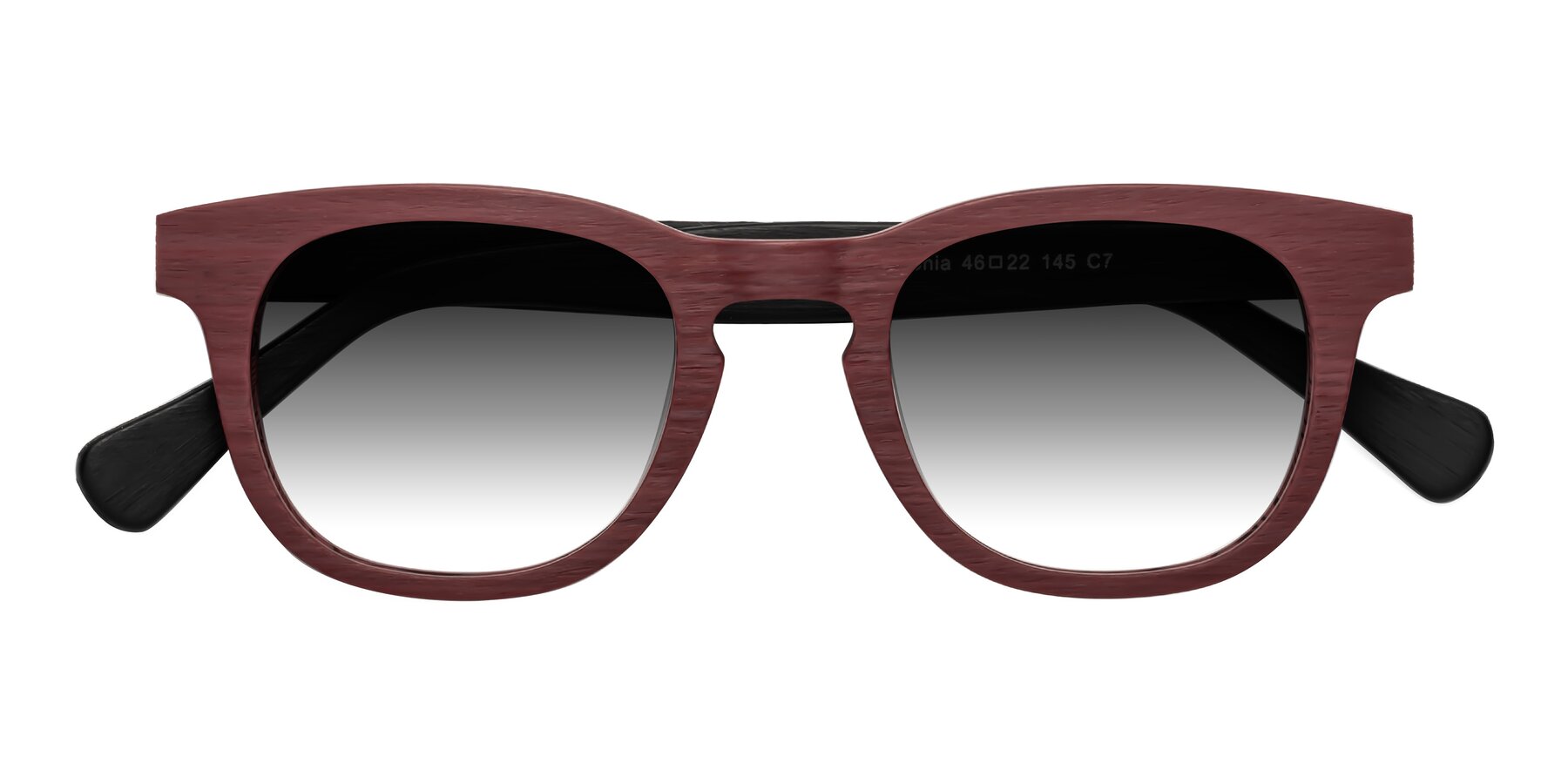 Folded Front of Tonia in Burgundy-Black Woodgrain with Gray Gradient Lenses