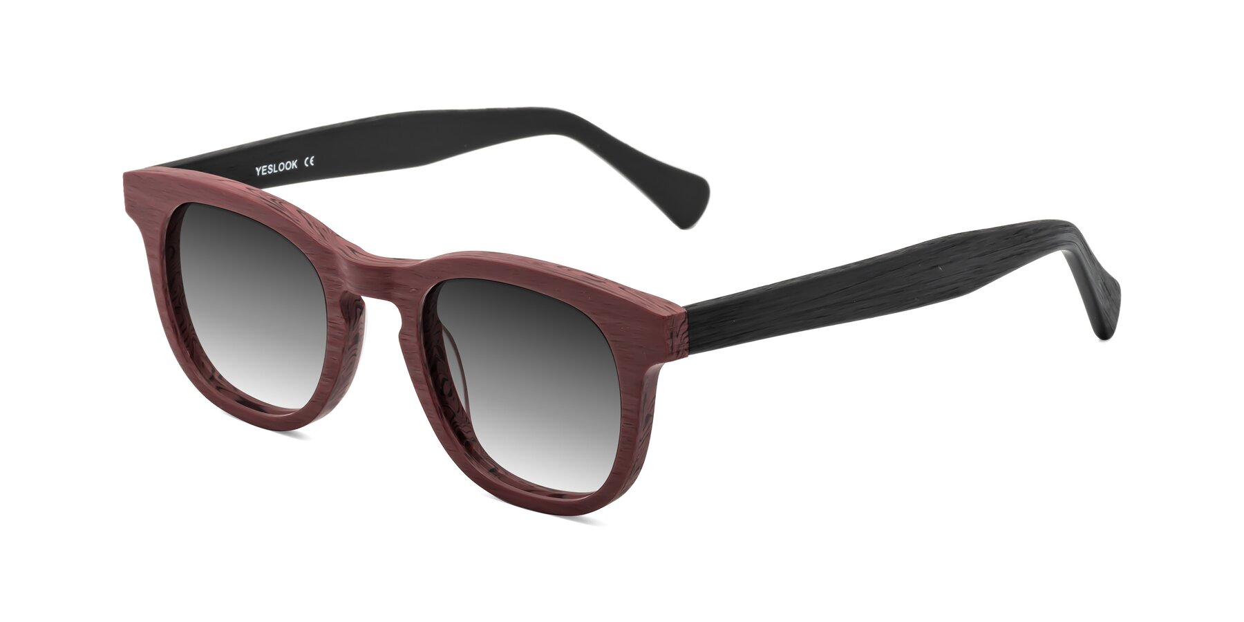 Angle of Tonia in Burgundy-Black Woodgrain with Gray Gradient Lenses