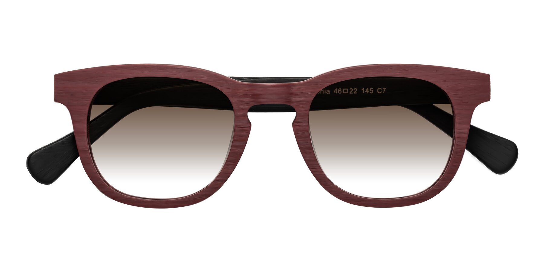 Folded Front of Tonia in Burgundy-Black Woodgrain with Brown Gradient Lenses