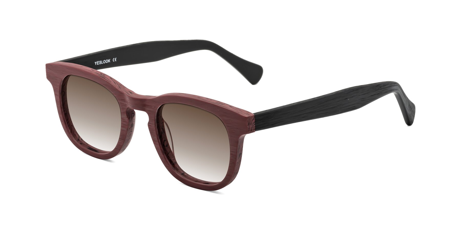 Angle of Tonia in Burgundy-Black Woodgrain with Brown Gradient Lenses