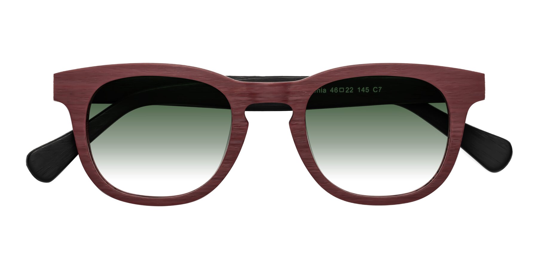 Folded Front of Tonia in Burgundy-Black Woodgrain with Green Gradient Lenses