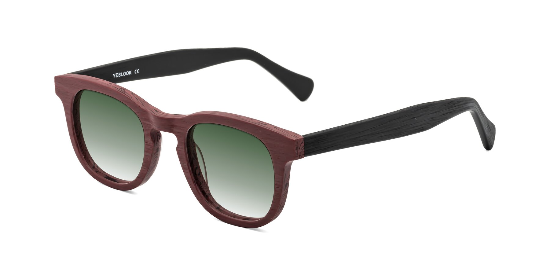 Angle of Tonia in Burgundy-Black Woodgrain with Green Gradient Lenses