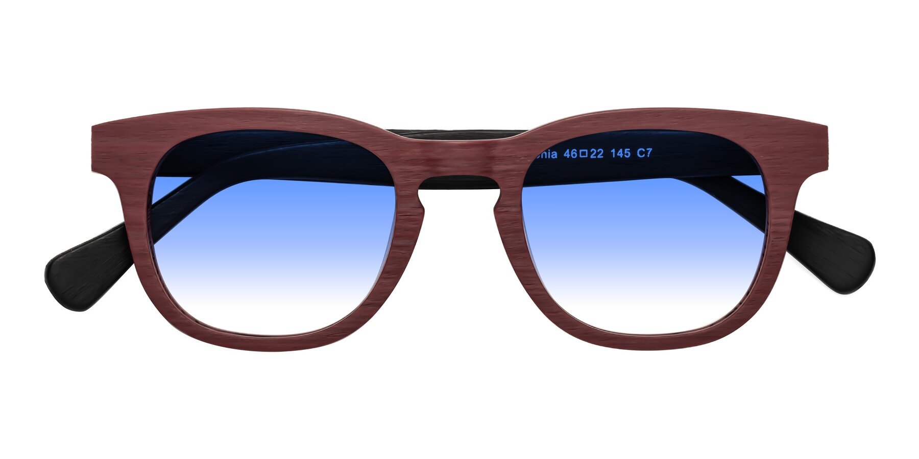 Folded Front of Tonia in Burgundy-Black Woodgrain with Blue Gradient Lenses