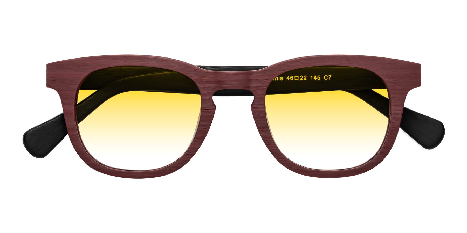 Folded Front of Tonia in Burgundy-Black Woodgrain with Yellow Gradient Lenses