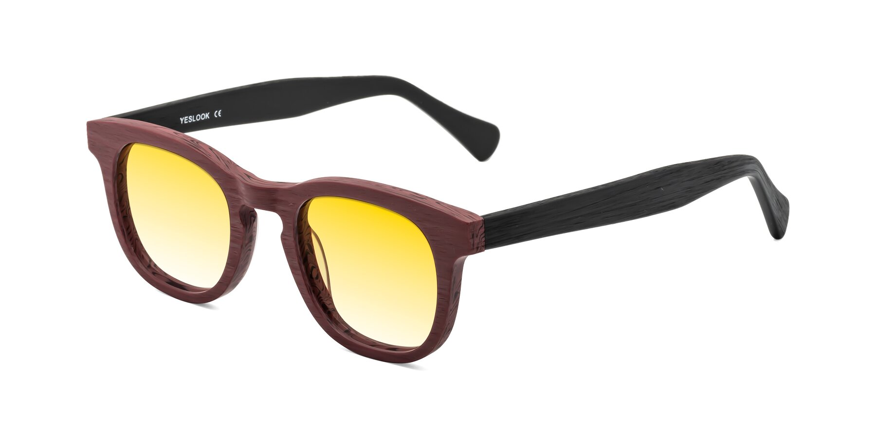 Angle of Tonia in Burgundy-Black Woodgrain with Yellow Gradient Lenses