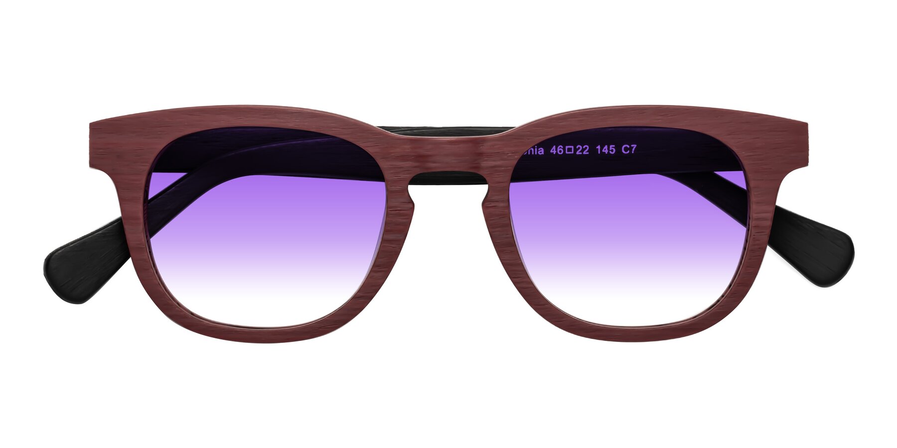 Folded Front of Tonia in Burgundy-Black Woodgrain with Purple Gradient Lenses