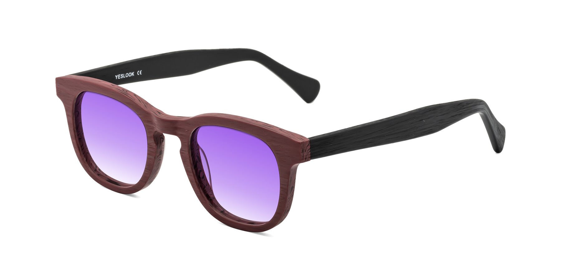 Angle of Tonia in Burgundy-Black Woodgrain with Purple Gradient Lenses