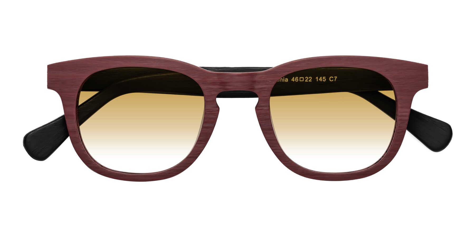 Folded Front of Tonia in Burgundy-Black Woodgrain with Champagne Gradient Lenses