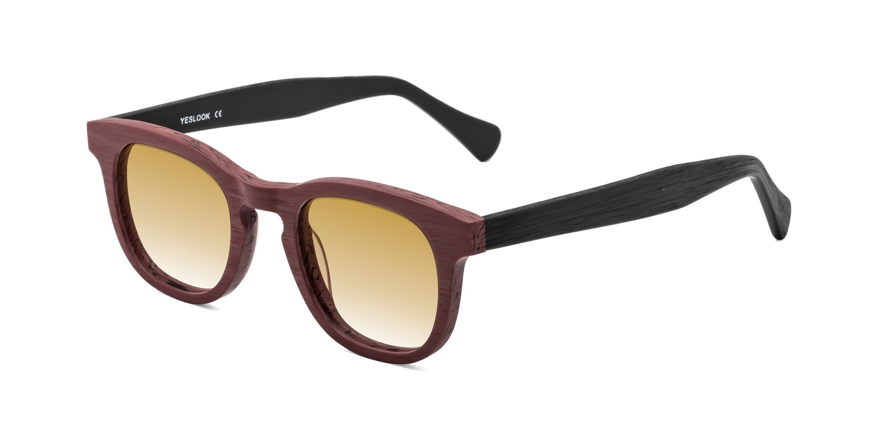 Angle of Tonia in Burgundy-Black Woodgrain with Champagne Gradient Lenses