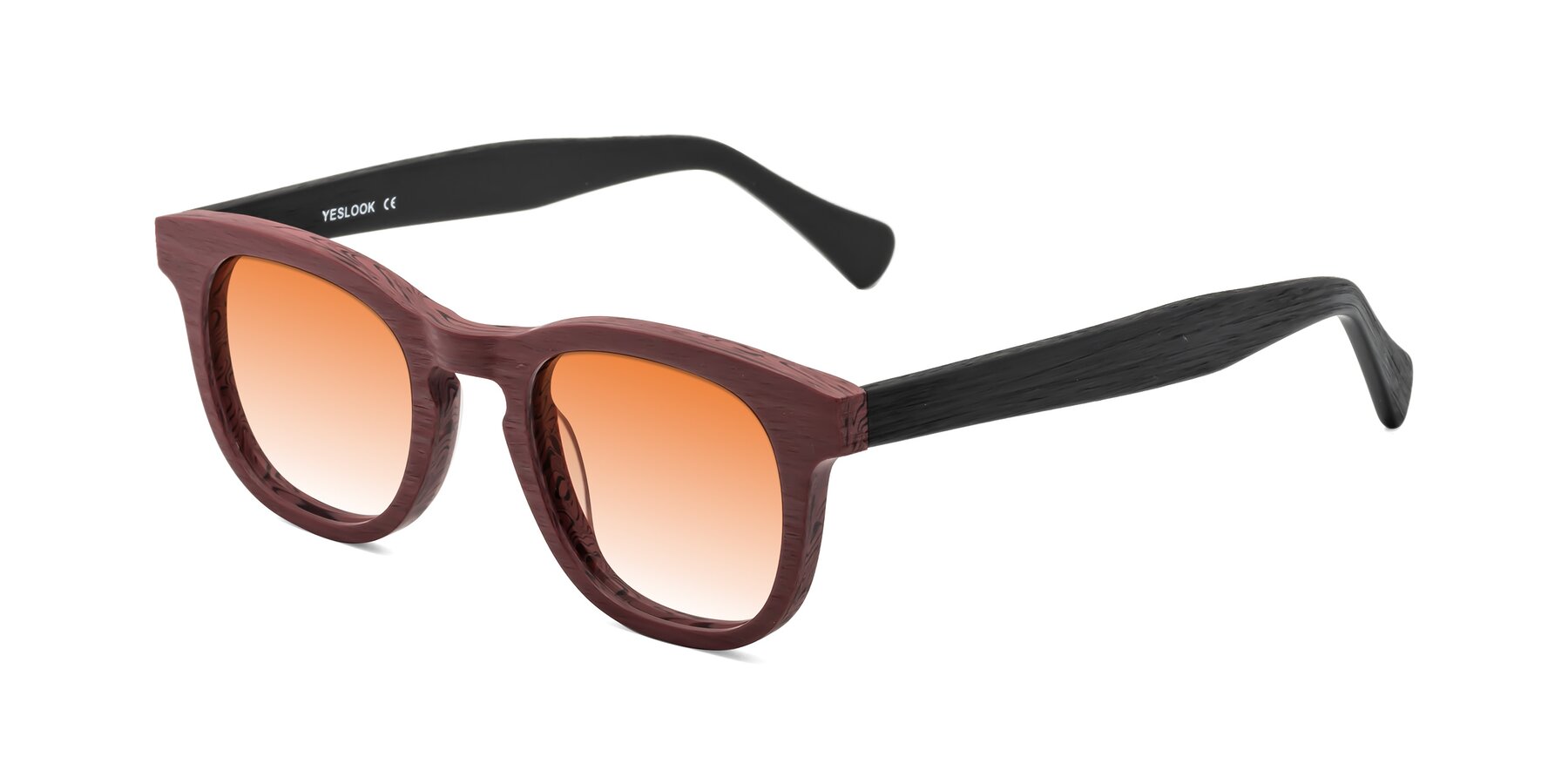 Angle of Tonia in Burgundy-Black Woodgrain with Orange Gradient Lenses