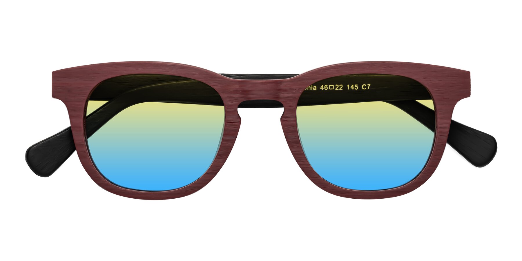 Folded Front of Tonia in Burgundy-Black Woodgrain with Yellow / Blue Gradient Lenses