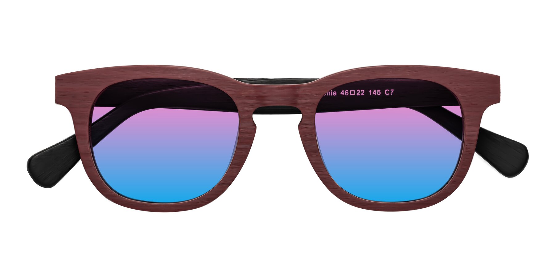 Folded Front of Tonia in Burgundy-Black Woodgrain with Pink / Blue Gradient Lenses