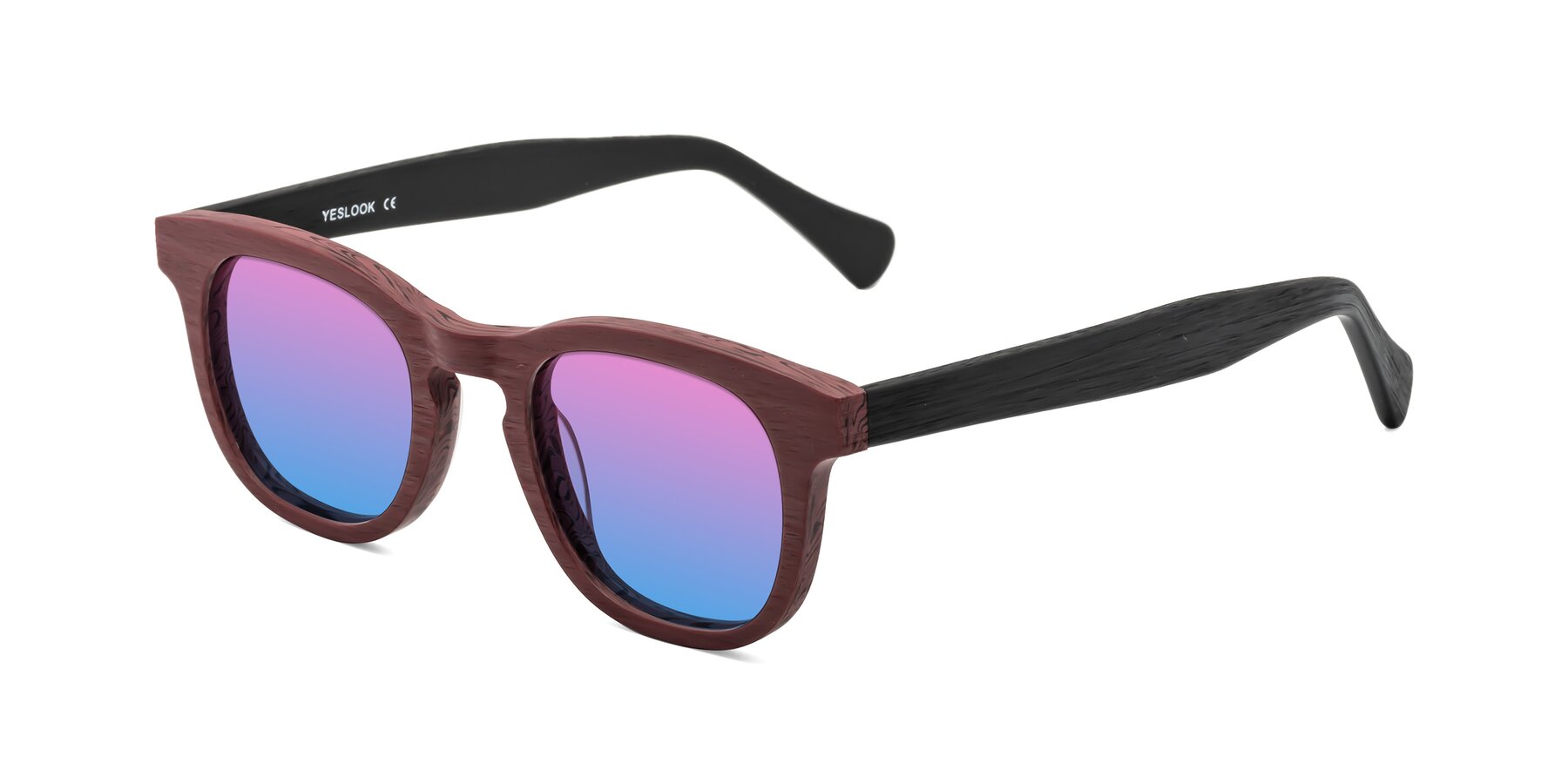 Angle of Tonia in Burgundy-Black Woodgrain with Pink / Blue Gradient Lenses