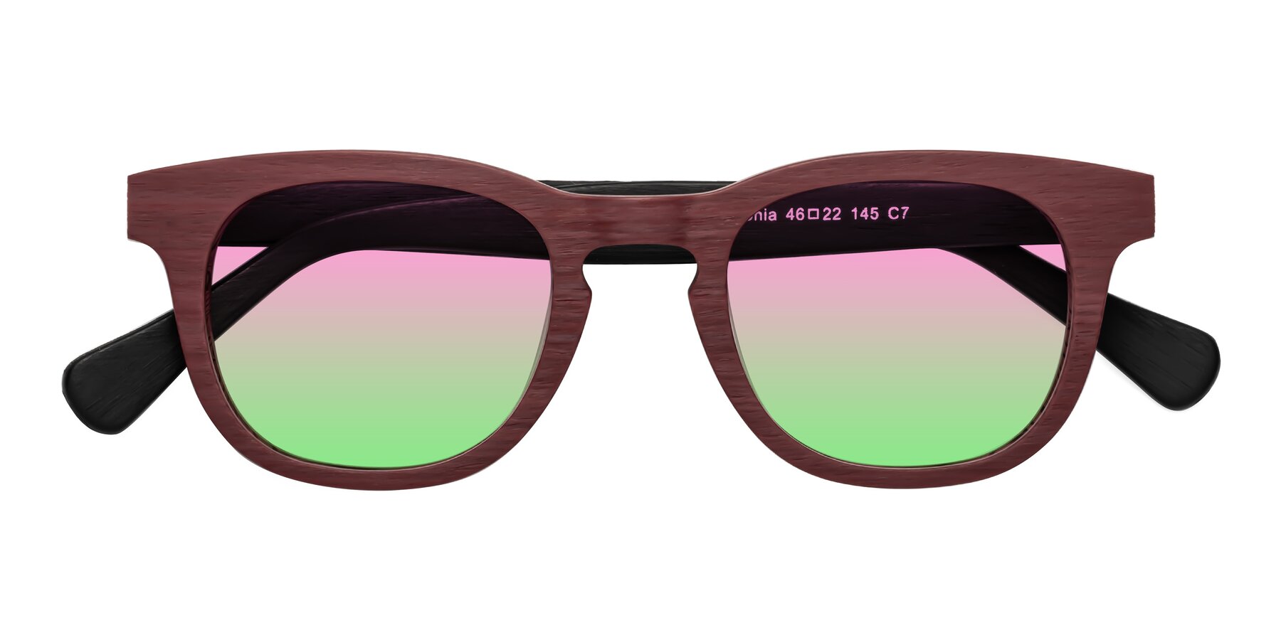 Folded Front of Tonia in Burgundy-Black Woodgrain with Pink / Green Gradient Lenses