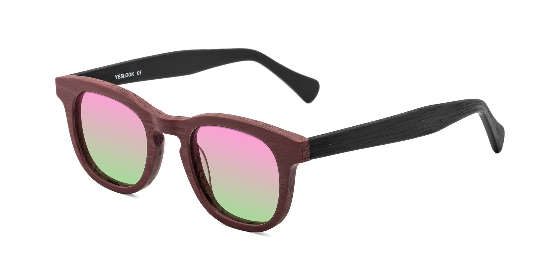 Angle of Tonia in Burgundy-Black Woodgrain with Pink / Green Gradient Lenses