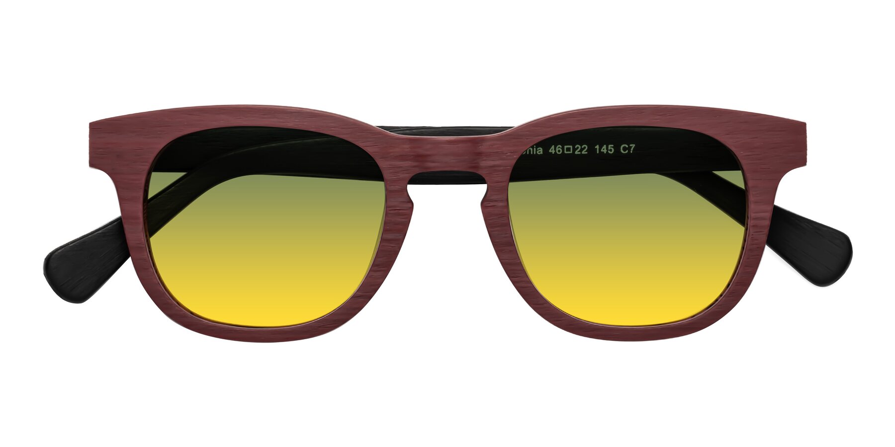 Folded Front of Tonia in Burgundy-Black Woodgrain with Green / Yellow Gradient Lenses