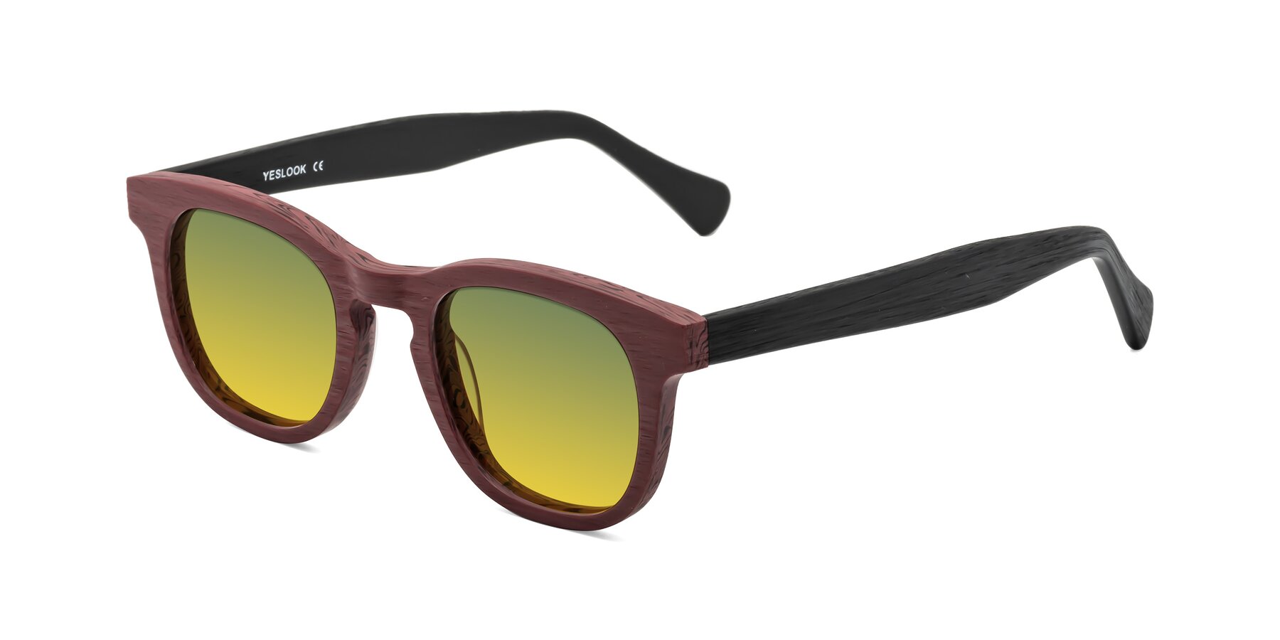 Angle of Tonia in Burgundy-Black Woodgrain with Green / Yellow Gradient Lenses