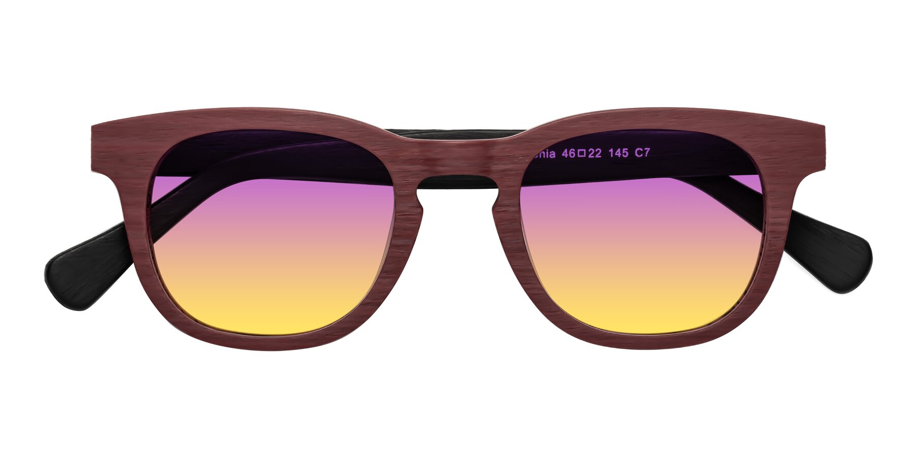 Folded Front of Tonia in Burgundy-Black Woodgrain with Purple / Yellow Gradient Lenses