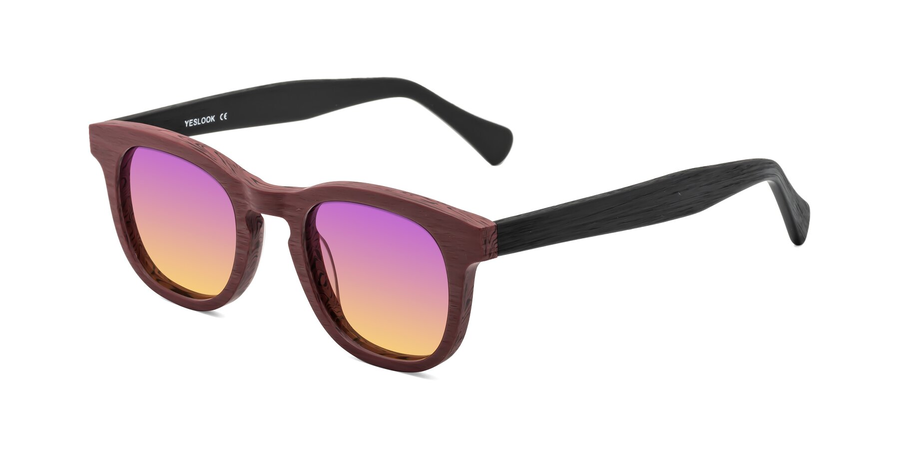 Angle of Tonia in Burgundy-Black Woodgrain with Purple / Yellow Gradient Lenses