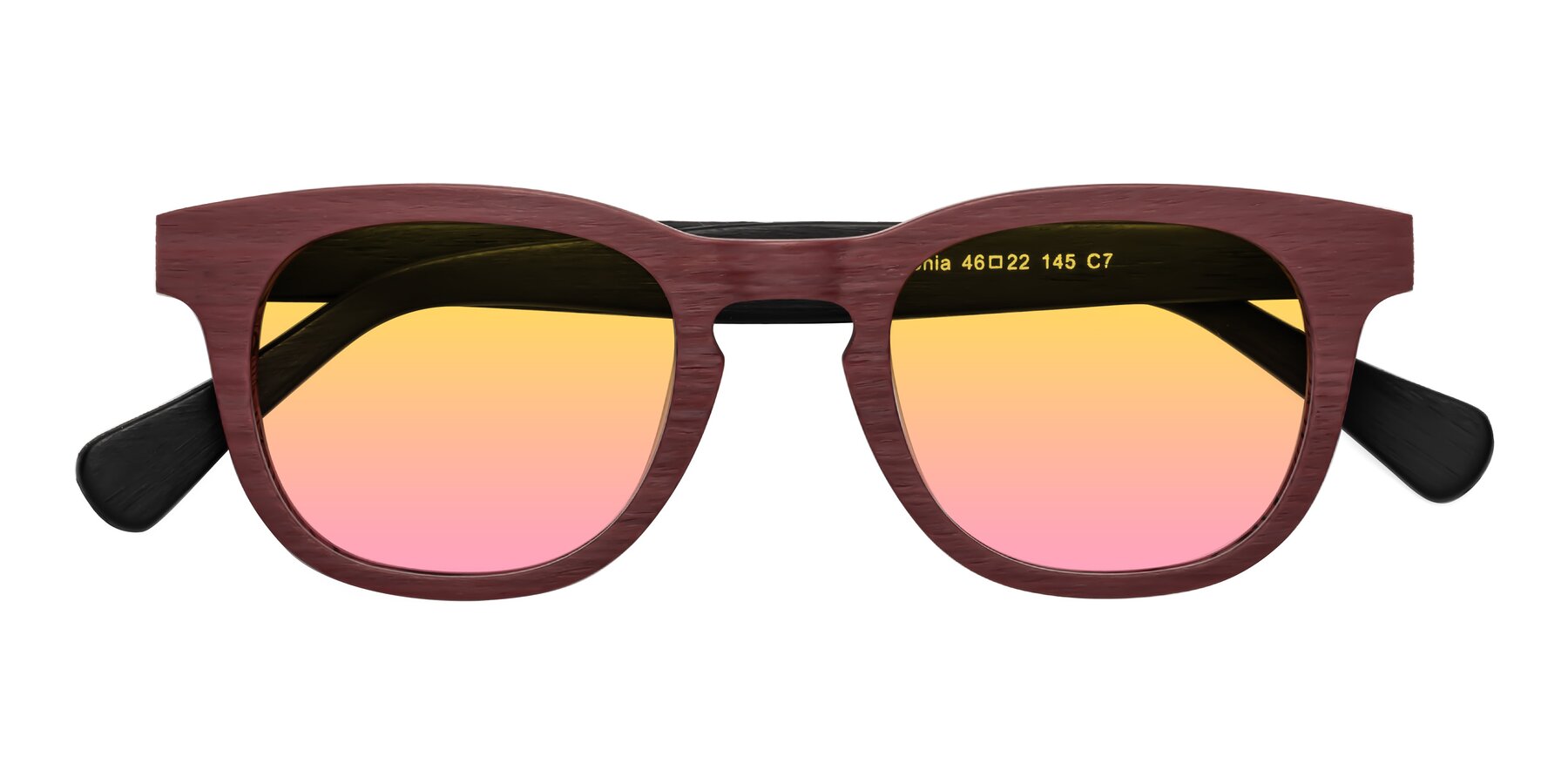 Folded Front of Tonia in Burgundy-Black Woodgrain with Yellow / Pink Gradient Lenses