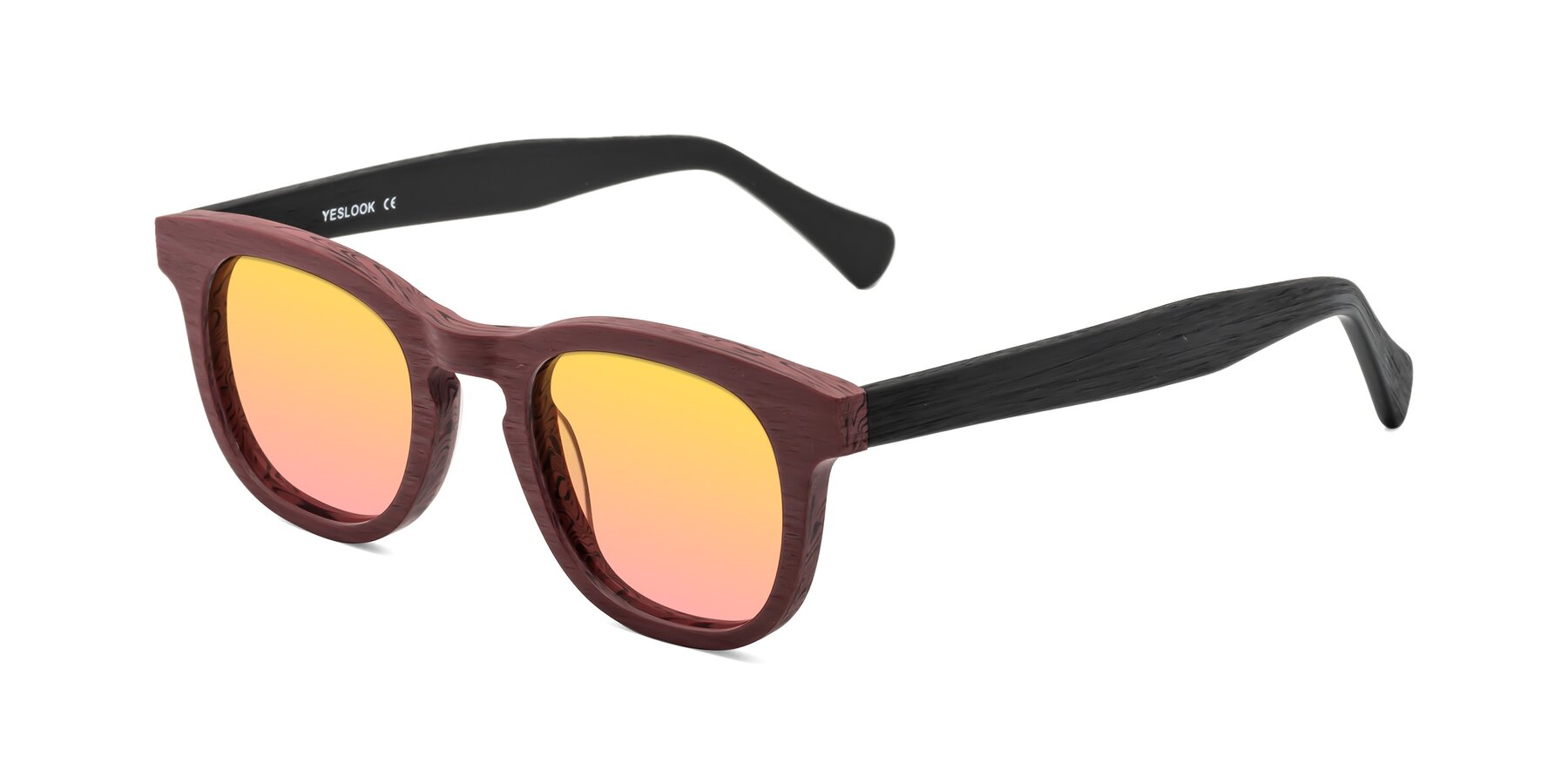 Angle of Tonia in Burgundy-Black Woodgrain with Yellow / Pink Gradient Lenses