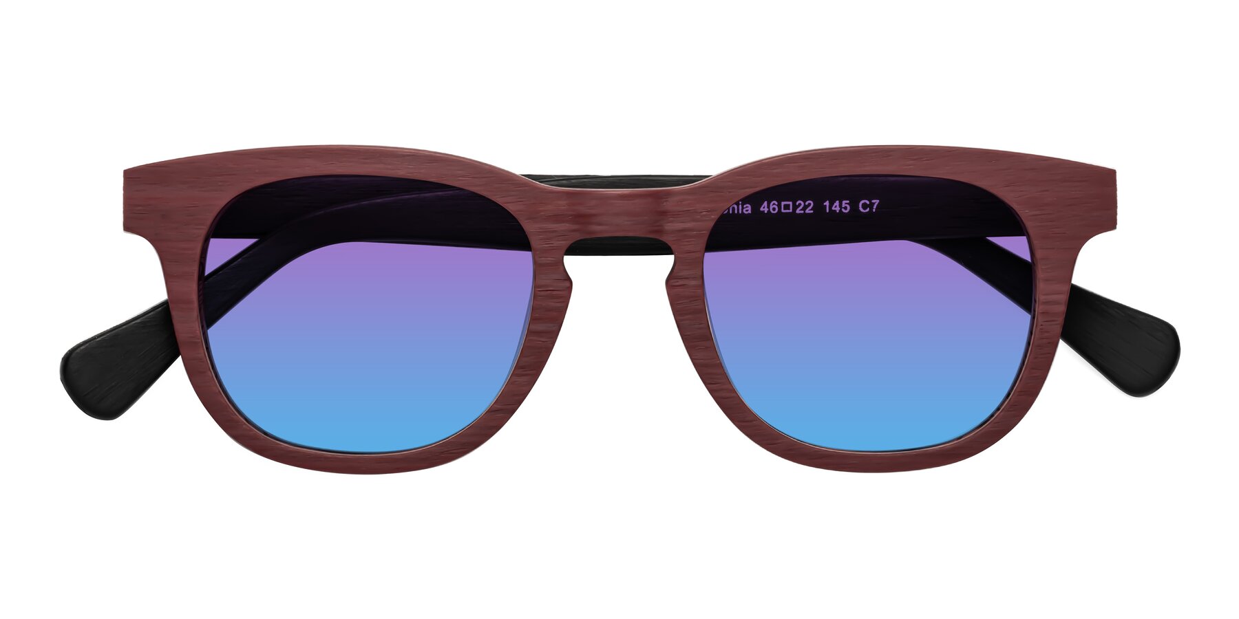 Folded Front of Tonia in Burgundy-Black Woodgrain with Purple / Blue Gradient Lenses