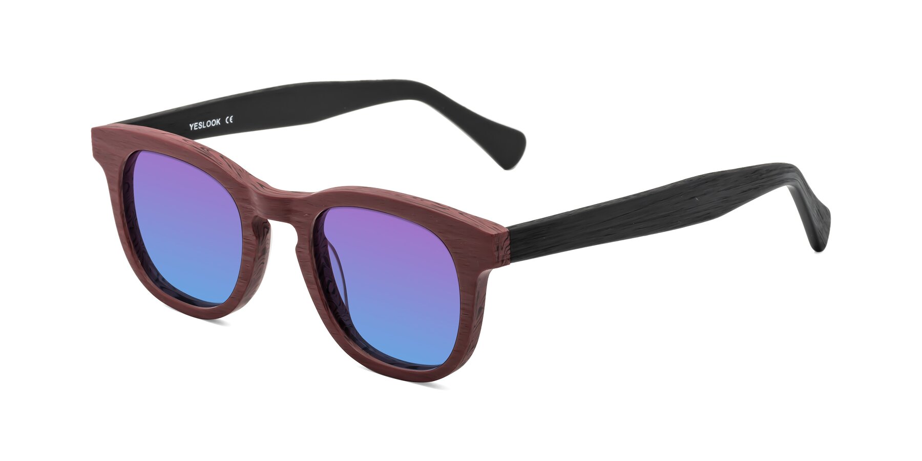 Angle of Tonia in Burgundy-Black Woodgrain with Purple / Blue Gradient Lenses