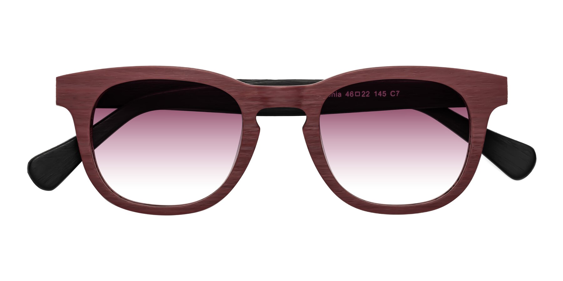 Folded Front of Tonia in Burgundy-Black Woodgrain with Wine Gradient Lenses