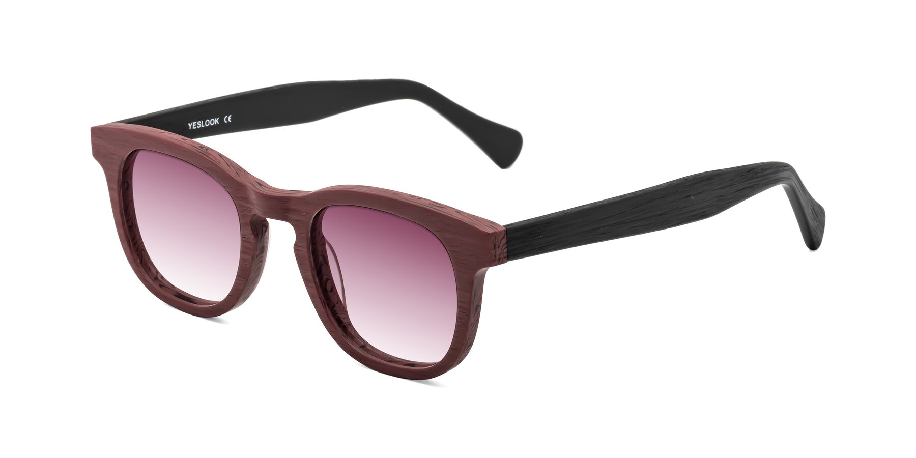 Angle of Tonia in Burgundy-Black Woodgrain with Wine Gradient Lenses