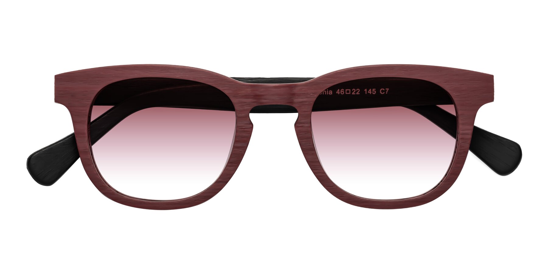 Folded Front of Tonia in Burgundy-Black Woodgrain with Garnet Gradient Lenses